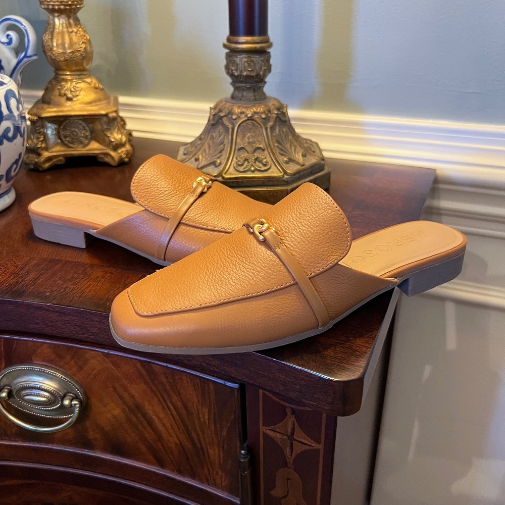 AEROSOLES Tan Leather Slip-On Mules with Gold Accent - Picture 2 of 6
